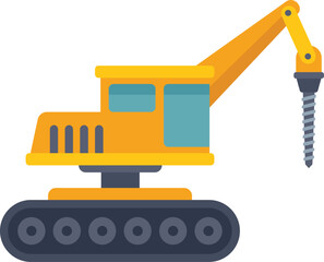 Poster - Illustration of a yellow excavator drilling using an auger bit mounted on an articulated arm