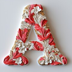 Soft Coral Red 3D Letter A Design with Floral Elements