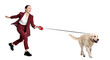 © New Africa - Happy businesswoman walking her dog on white background