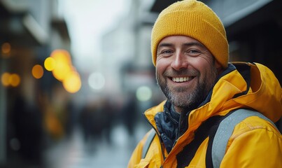 Cheerful workman smiling at the camera in the city, Generative AI