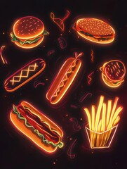 Aufkleber - Bright neon outlines illustrate burgers, hot dogs, fries, and other fast-food favorites on a dark background, creating an eye-catching display. Generative AI