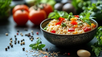 Poster - Clean isolated view of a wellness meal with vegetables and grains set against a modern background