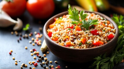 Fototapete - Clean isolated view of a wellness meal with vegetables and grains set against a modern background