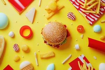 Poster - Brightly colored fast food items like burgers and fries are creatively arranged on a vibrant yellow surface, radiating energy and fun. Generative AI