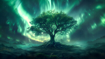 Yggdrasil tree of life under northern lights sky or aurora borealis. Source of life and energy for the universe. Mystical and legendary tree of life. Nordic or norse mythology.