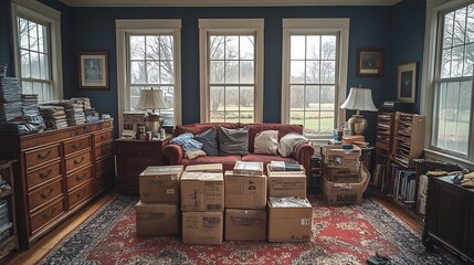 Poster - Clean living room with neatly arranged boxes of used items for donation showcasing care and charity