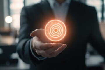 Businessman holding digital target hologram in hand