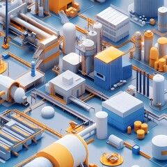 Poster - Abstract Isometric Industrial Factory Complex with Pipes  Towers  and Buildings