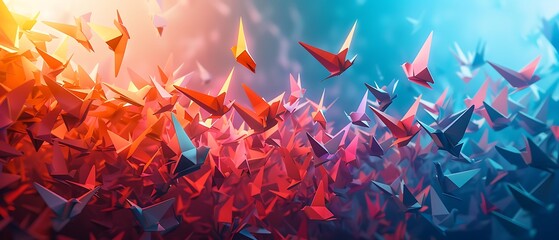 A vibrant array of paper cranes in motion capturing the beauty of origami artistry and freedom in flight