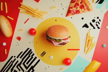 Poster - Brightly colored fast food items including a burger, pizza slices, and fries are arranged artistically against a bold abstract backdrop. Generative AI