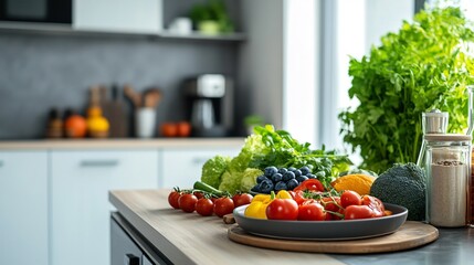 Poster - Clean modern kitchen with a balanced breakfast on a plate fresh vegetables and fruit no people