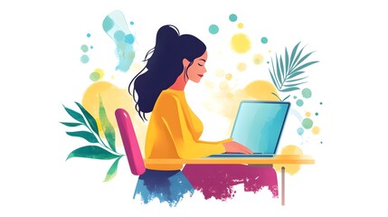 Poster - Woman Working on Laptop with Watercolor Background
