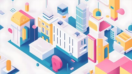 Poster - Abstract Isometric Cityscape with Colorful Buildings and Geometric Shapes