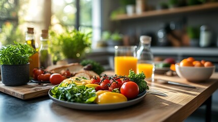 Poster - Clean modern kitchen with a balanced breakfast on a plate fresh vegetables and fruit no people