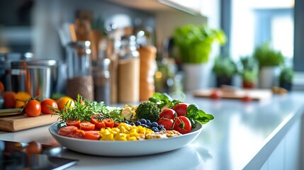 Poster - Clean modern kitchen with a balanced breakfast on a plate fresh vegetables and fruit no people