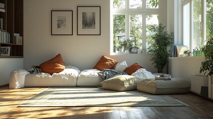 Poster - Clean modern living room with a pile of stuff ready for donation highlighting a sense of care and community