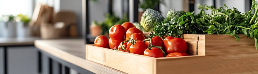 Fresh red tomatoes in a wooden crate on a countertop.