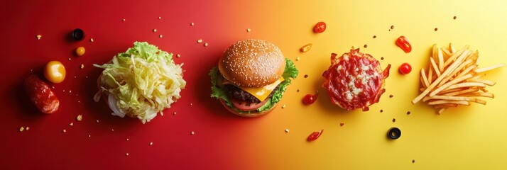 Poster - Stylized representations of fast food items including burgers, pizza, fries, and fresh veggies arranged on a vivid gradient backdrop. Generative AI