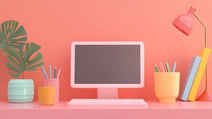 Poster - Pink Desk Setup with Computer  Monstera Plant  and Desk Lamp
