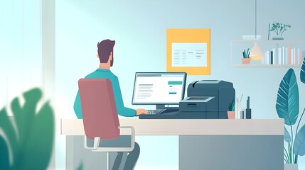 Poster - Man Working at Desk with Computer and Printer in Modern Office