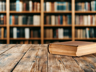 Aufkleber - Old worn book resting on a wooden table in a library