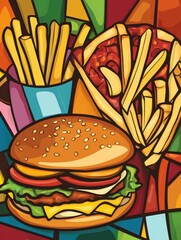 Poster - Stylized abstractions of beloved fast food items like burgers, fries, and pizza create a lively composition on a bright backdrop. Generative AI