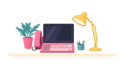Poster - Computer Desk with Phone  Plant and Desk Lamp