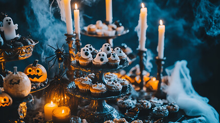 A spooky Halloween party table filled with eerie treats like ghost-shaped cookies, monster cupcakes, and candy eyeballs, set against a dark background with flickering candles and spiderwebs. 