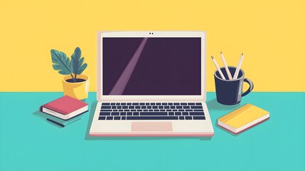 Poster - Minimalist Workspace with Laptop  Notebook  Pencil  and Plant