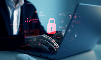 Poster - Network security system. Protecting herself from cyber attacks and personal data.Protection data access.	