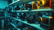 © Pixels  - A row of old-fashioned film cameras displayed on shelves with soft studio lighting in the background, vintage film gear, cinematography equipment, movie production, film history.