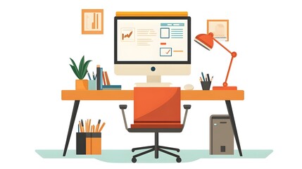 Poster - Modern Home Office Workspace with Desktop Computer  Desk  and Chair
