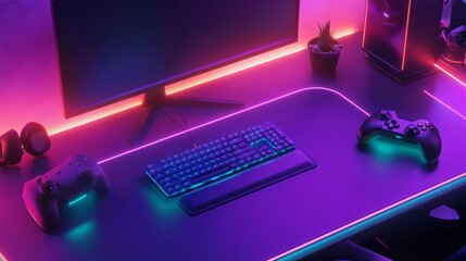 Poster - Gaming desk in 3D render with neon lighting, mechanical peripherals, dual monitors, and a gaming controller resting on the table.