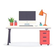 Poster - Modern Office Desk with Computer  Lamp and Plant