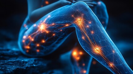 Fototapete - Closeup of a persons leg with neuropathic pain showing them wincing and rubbing their leg focusing on nerverelated discomfort