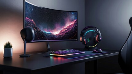 Poster - Modern gamer desk 3D render featuring a large monitor, sleek CPU, RGB-lit mouse, and headset stand on a black tabletop.