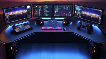 Poster - Professional gaming desk render with multiple screens, vibrant LEDs, and gaming controllers placed within easy reach.