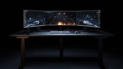 Poster - Sleek 3D render of a gaming desk with dark metal frame, ambient lighting, and dual monitors showing gameplay.