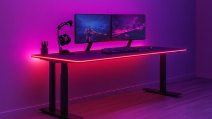 Poster - Sleek 3D render of a gaming desk with dark metal frame, ambient lighting, and dual monitors showing gameplay.