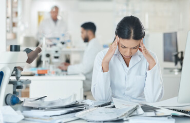 Aufkleber - science, stress and woman in laboratory with documents for medical analysis, research and study. hea