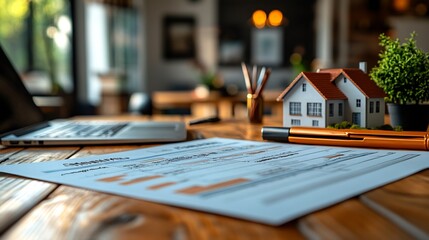 Poster - Closeup of a rental agreement with a focus on the signature section financial details and a rental property model on the desk with a laptop showing property listings
