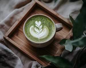 Poster - Matcha Latte in Bamboo Tray Representing Fusion of Traditional Tea and Modern Coffee Culture