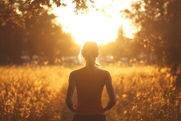 Woman runner walking on field in morning, Generative AI