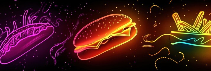 Aufkleber - Colorful neon outlines of burgers, hot dogs, and fries create a striking visual on a dark backdrop, celebrating fast-food culture. Generative AI
