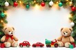 © Kseniya Ananko - frame for text made from colourful kids toys, teddy bears, toy cars, balls, cubes, with golden garland lights, on white Christmas background, festive golden bokeh