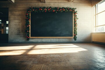 Wall Mural - A decorated chalkboard in a sunlit classroom adorned with festive garland and ornaments during the holiday season