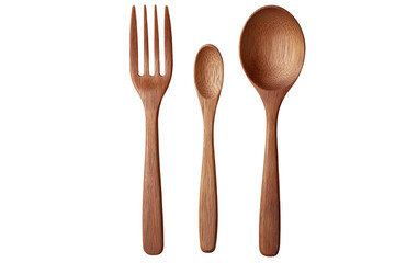 Wooden cutlery set including fork, spoon, and small spoon on white isolated background.