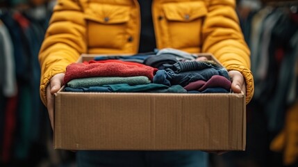 Poster - Community volunteer holding a cardboard box of used clothing emphasizing a clean and organized environment