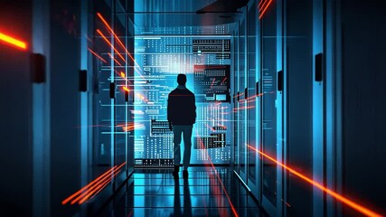 Fototapete - A person walks through a dimly lit data center filled with illuminated servers and digital screens, creating an atmosphere of advanced technology and innovation in the late evening.