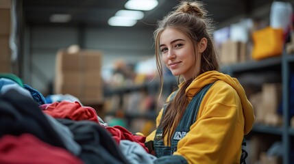Poster - Community volunteer organizing a pile of donated clothes in a clean storage area emphasizing care and charity